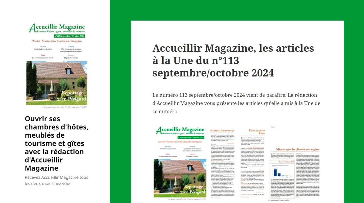 AccueillirMag's tweet photo. Mieux capter la clientèle étrangère, contester la taxe foncière, assurances, internet... Découvrez les sujets à la Une du numéro 113 Sept/Oct 2024 : https://t.co/hueu4KeR54 https://t.co/Itxc0uccXv
