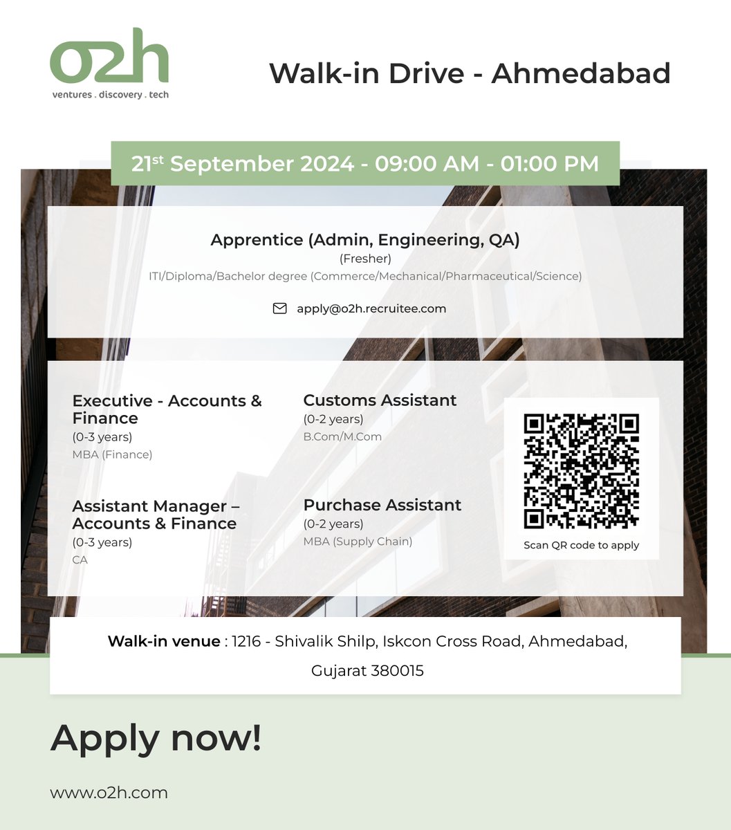 📅 𝐖𝐚𝐥𝐤-𝐈𝐧 𝐈𝐧𝐭𝐞𝐫𝐯𝐢𝐞𝐰 𝐓𝐨𝐦𝐨𝐫𝐫𝐨𝐰  
We are conducting walk-in interview in #Ahmedabad. Please refer to the creative for specific venue details, date, and timings.