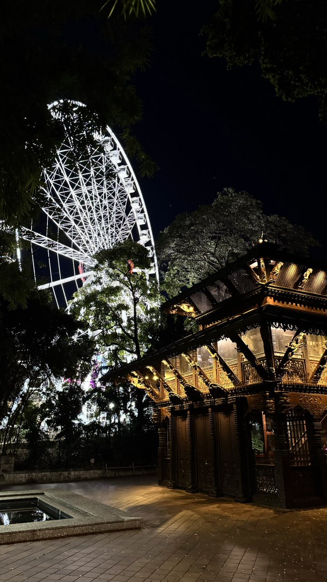The Nepal Peace Pagoda from Expo 88 - earlier this evening 20.9.2024. The Brisbane Wheel - in background - was erected for the 20th anniversary of Expo in 2008 and still welcomes guests today.