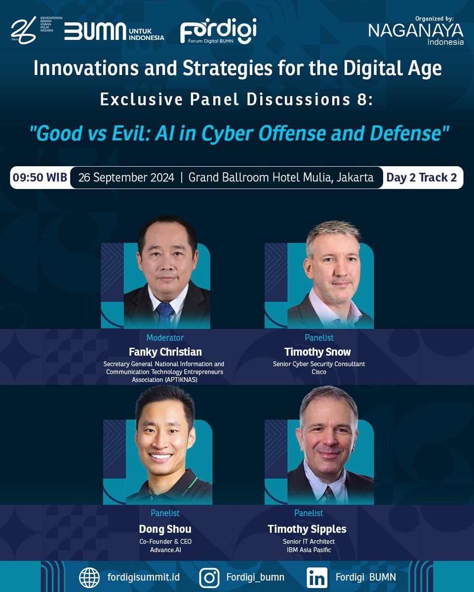 🚀 Join us at Fordigi 2024! 🚀

We are very excited and honored to be part of the Exclusive Panel Discussion 8: "Good vs Evil: AI in Cyber Offense and Defense" at the Fordigi Summit 2024.

Registration link below :
hubs.ly/Q02Qzh010
Looking forward to seeing you there!