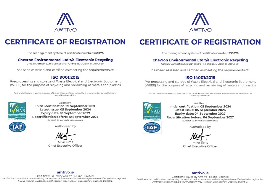 Electronic Recycling are delighted to announce that we have been re-certified to ISO9001-2015 and ISO14001-2015 Standards
electronic-recycling.ie/news/electroni…