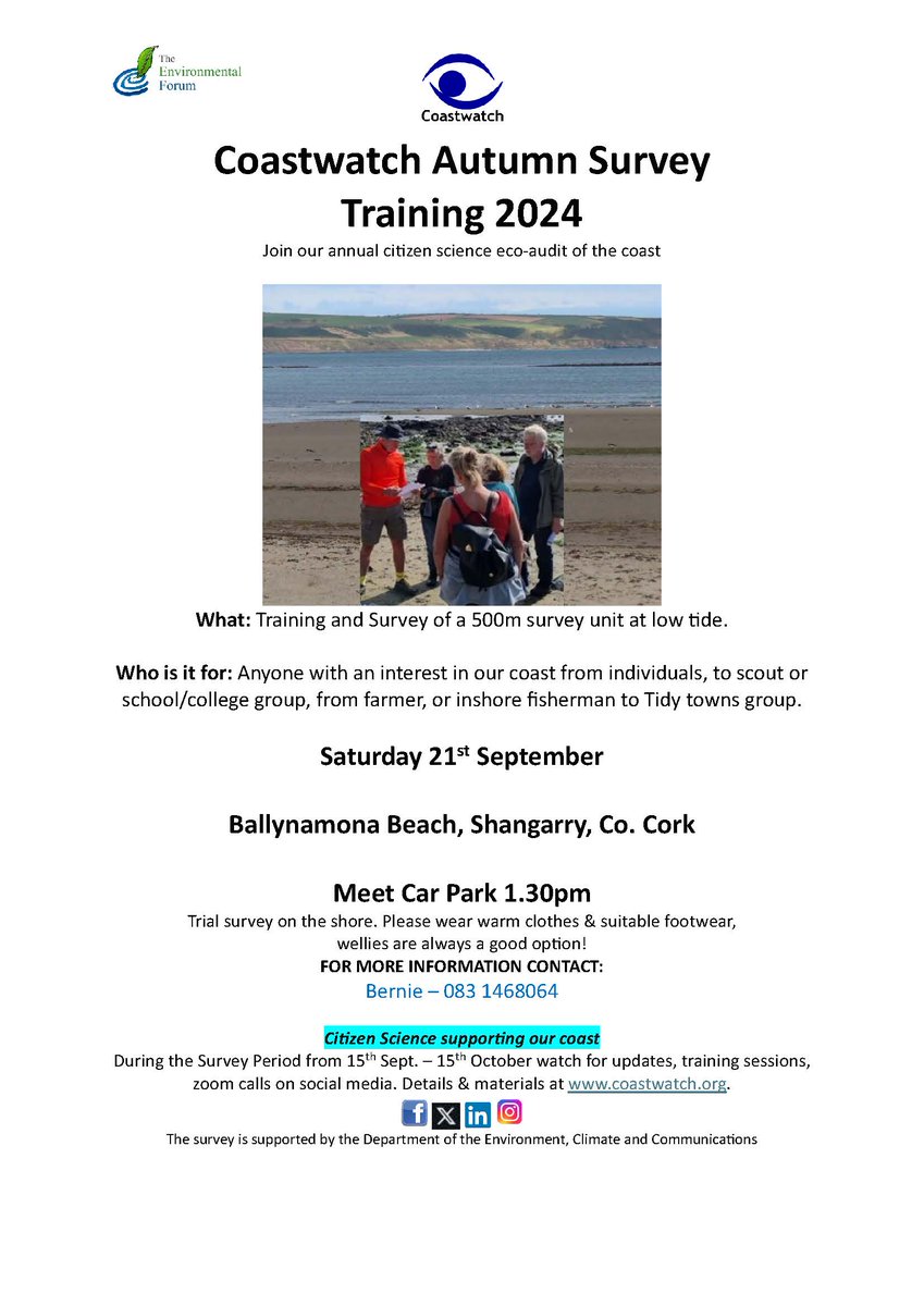 Perfect weather and tides this weekend for surveying our beautiful coast. Join us tomorrow at Ballynamona at 1.30pm for a survey of a 500metre stretch. It would be great if more units could be covered in East Cork for the <a href="/coastwatch_ire/">Coastwatch</a>  Annual Survey which runs until 15th Oct.