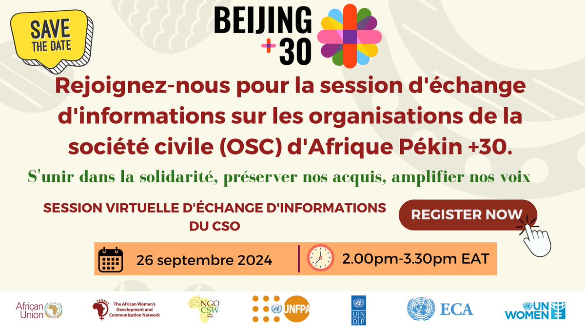 📢 Calling all Civil Society Organizations! 
Join us for an Information Sharing Session on Bejing+30  next week,.
📅26th September from 2:00 PM to 3:30 PM EAT. 
Fill in the form to register for the virtual session:bit.ly/3ZytoD6