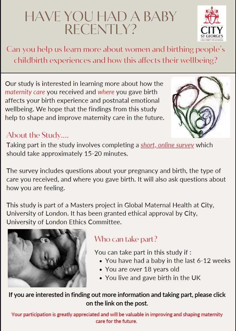 Dr Rebecca Webb (@drrebeccawebb) on Twitter photo Have you recently had a baby? We are looking for women and birthing people to complete our survey about maternity care, birth experiences and emotional wellbeing. See below for more information. Click on this link to take part: cityunilondon.eu.qualtrics.com/jfe/form/SV_bO… Have you recently had a baby? We are looking for women and birthing people to complete our survey about maternity care, birth experiences and emotional wellbeing. See below for more information. Click on this link to take part: cityunilondon.eu.qualtrics.com/jfe/form/SV_bO…
