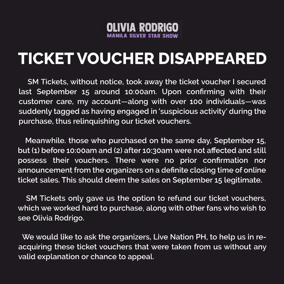 rchljoycvx's tweet image. Good evening, livies! Help us to raise our concerns regarding this matter. One Retweet means a lot! Thank you so muchyyy! 

@smtickets 
@livenationph
@philconcerts
@itsarpee
@LiviesHQ 

#IbalikAngVouchers
#NoToRefund
#GutsTourInManila
#OliviaRodrigo