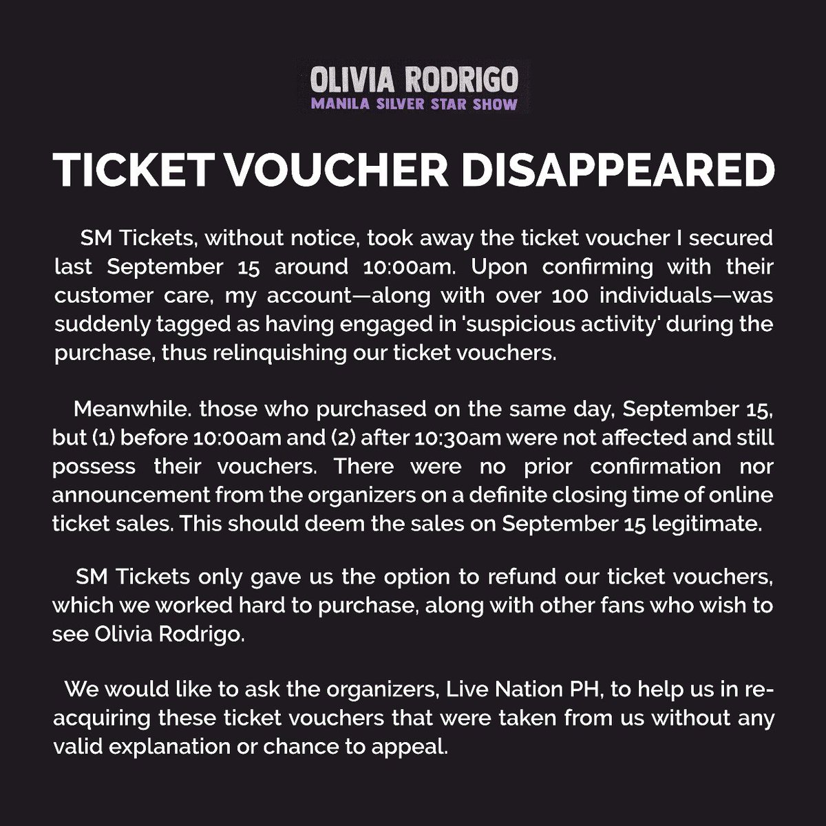 filipinalivia's tweet photo. I'm not accepting any ticket refund considering the plane ticket, airbnb, bus shuttle and outfits are already paid.

@smtickets 
@livenationph
@philconcerts
@itsarpee
@LiviesHQ

#IbalikAngVouchers
#NoToRefund
#GutsTourInManila
#OliviaRodrigo https://t.co/mTRaTwIKK5