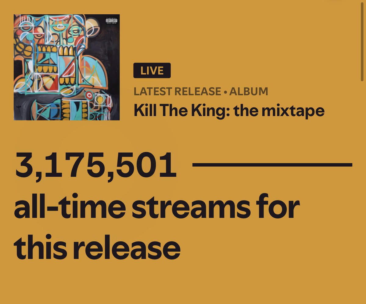 reece_youngking's tweet photo. today 164 289 of my all time streams magically disappeared.

regardless though,we’ve made history and I figured I should announce it myself. 

“Kill The King: the mixtape” hits 3M+ streams in its first week. https://t.co/vneFuyLLZF