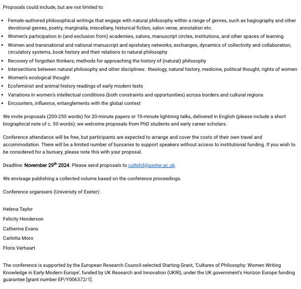 Carlotta Moro (@moro_carlotta) on Twitter photo Delighted to share that the CFP is now live for our conference โWomen Writing Natural Philosophy in Early Modern Europe: Spaces and Exchangesโ, supported by <a href="/ERC_Research/">European Research Council (ERC)</a>. Submissions due by Nov29th. Link to the CfP: shorturl.at/a9ftK Delighted to share that the CFP is now live for our conference โWomen Writing Natural Philosophy in Early Modern Europe: Spaces and Exchangesโ, supported by <a href="/ERC_Research/">European Research Council (ERC)</a>. Submissions due by Nov29th. Link to the CfP: shorturl.at/a9ftK