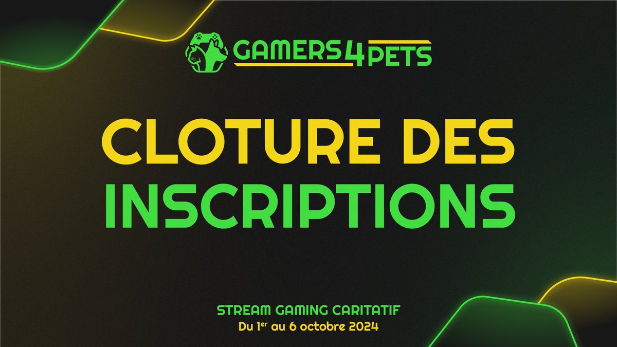 Ça y est : les inscriptions streamers pour la Gamers4Pets 2024 sont terminées !  📢 
C’est une ~100aine de streamers qui vous divertiront en Live pendant l’ensemble de cet événement caritatif au profit de <a href="/RefugesdeFrance/">Défense de l'Animal</a> ! 💚 💛 
Team Chien, Team Chat, vous êtes prêt ? 👀