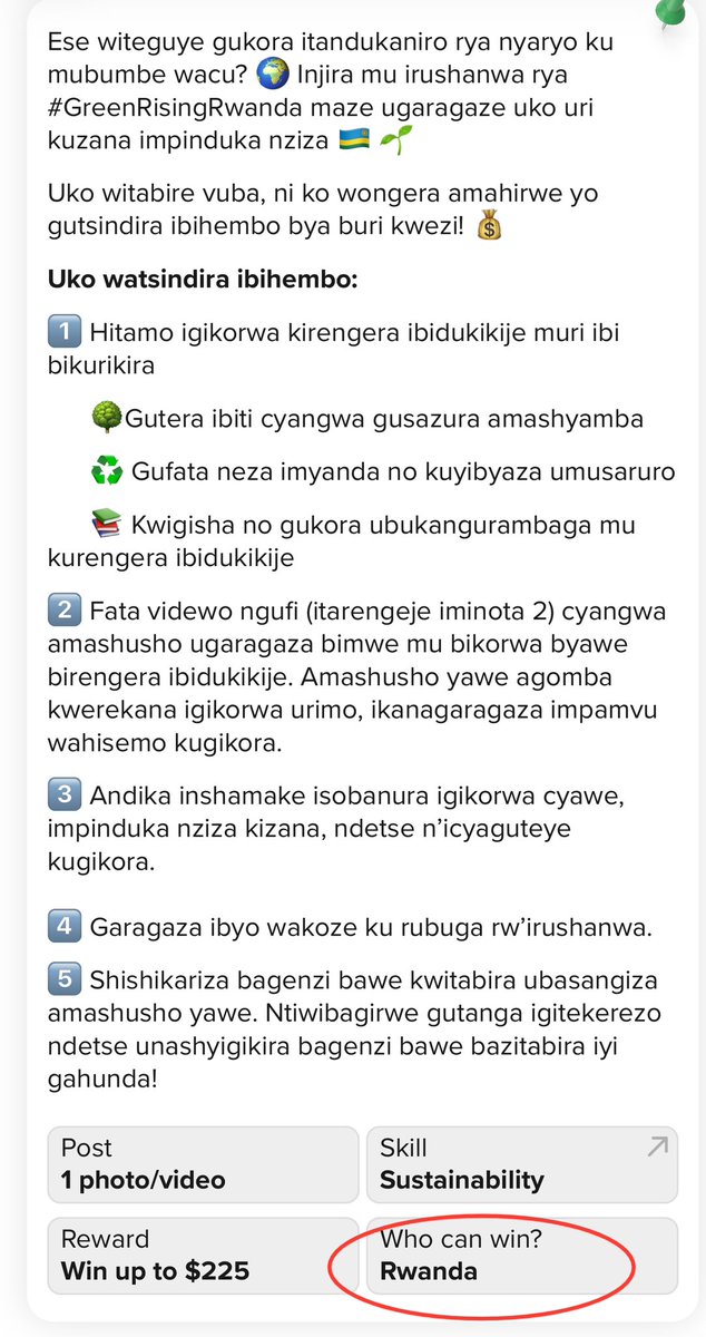 #Rubyiruko ,

Aya mahirwe nayo <a href="/RwandaYouthArts/">Ministry of Youth and Arts | Rwanda</a> yarayabamenyesheje. 

Igihembo ni #200$ 

🛑Mujye kuri  <a href="/Goodwall/">Goodwall</a> app.

Ibi tubifatanya na <a href="/GenUnlimited_/">Generation Unlimited</a> hamwe na <a href="/unicefrw/">UNICEF Rwanda</a> .

Ni mu rwego rwo gushishikariza urubyiruko kurengera ibidukikije. #Climate-awareness 

 #Twagiye 👇🏿