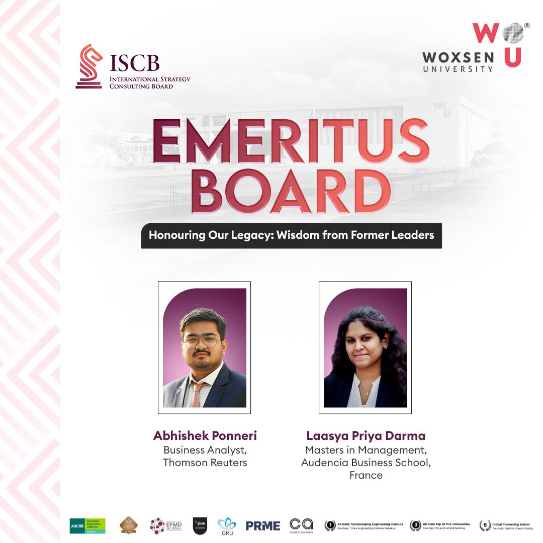 Woxsen's tweet image. Woxsen University's International Strategy Consulting Board (ISCB) is pleased to announce the return of its founding members, Abhishek Ponneri and Laasya Priya Darma, to the newly established Emeritus Board of the ISCB.

#woxsen #strategyconsulting #students #hyderabad