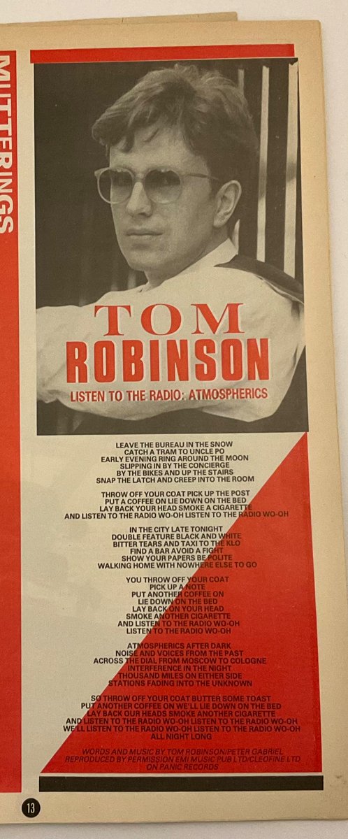 BwodOTBC's tweet image. #MessageInTheMusic 21

I did the telly yesterday, so I’m going for the radio today. The lyrics also include ‘post’ and ‘note’ but they’re all worth a read as they capture such a beautiful picture.

Atmospherics: Listen To The Radio - Tom Robinson

m.youtube.com/watch?v=r9qz_b…