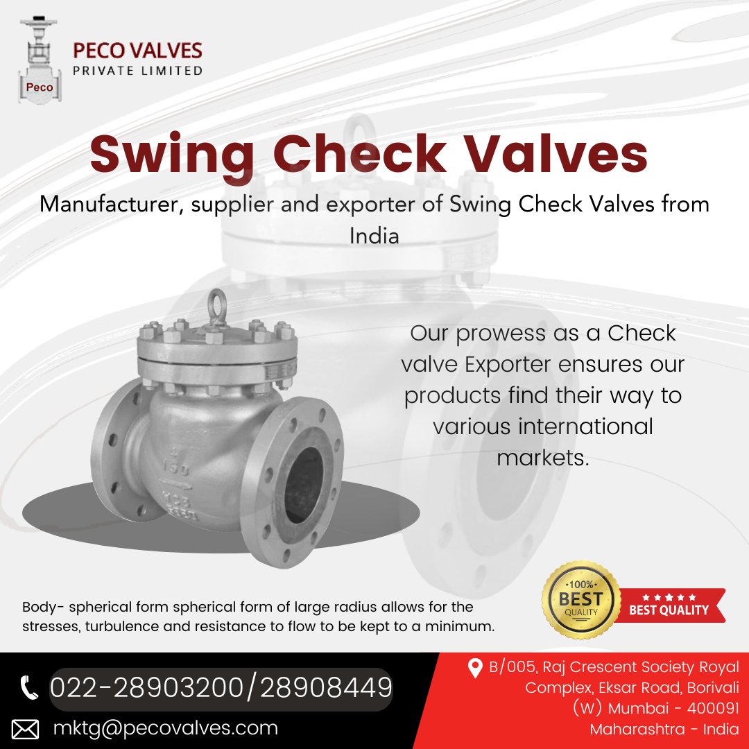PecoValvesPvtLt's tweet image. Looking for high-quality Swing Check Valves? PECO Valves is a leading manufacturer, supplier, and exporter from India, offering top-notch Swing Check Valves for efficient fluid control systems. visit: pecovalves.com #SwingCheckValves #FluidControl #PECOValves