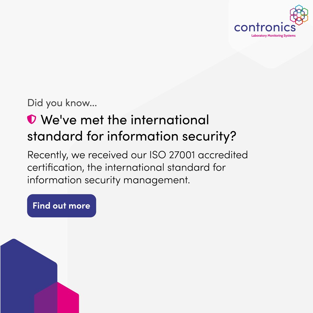 ContronicsLtd's tweet image. Did you know...We&apos;ve met the international standard for information security?

It&apos;s true! We recently received the ISO 27001 accredited certification, which underscores our commitment to data security and management.

#temperaturemonitoring #temperaturemapping