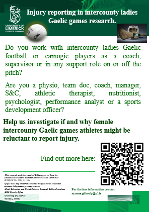 🙏Thank you to all those who have participated.....
📢Still time to have YOUR say!
❤️Athlete support personnel- what do YOU think! What are your thoughts on if and why INTERCOUNTY LADIES GAELIC GAMES ATHLETES might be reluctant to report injury

Use 🔗or QR code to find out more: