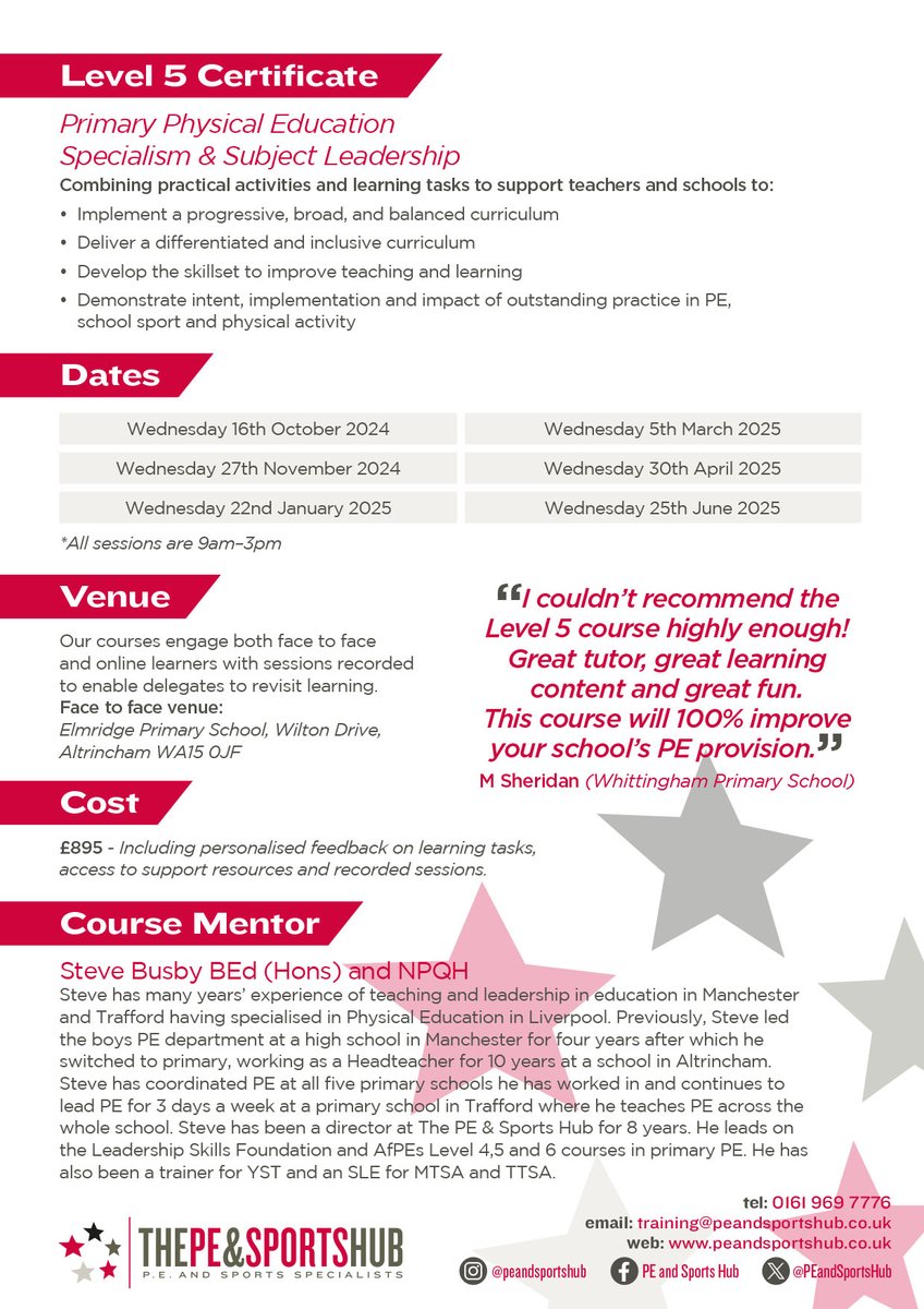 “10/10 superb from start to finish”

“Have gained various sets of knowledge on PE and enjoyed every minute”

“Long term – lots of ideas, confidence and ambition to educate school and staff”

For more information or to book a place please contact training@peandsportshub.co.uk