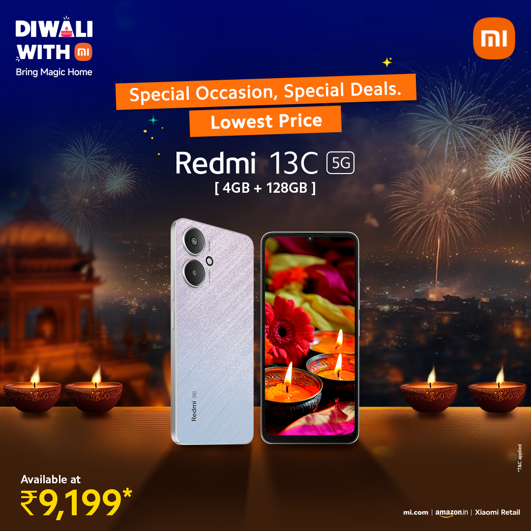 XiaomiIndia's tweet image. Get the #Redmi13C 5G (4GB+128GB) at a special price this #DiwaliWithMi.

Fast 5G speeds and a festive deal to match! Upgrade your Diwali experience and #BringMagicHome.

🛒 Grab yours now!
amzn.to/3MPnR3d
