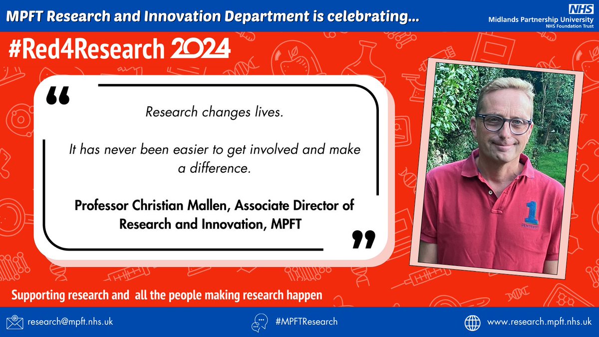 #MPFTResearch Celebrates #Red4Research ❤️ 

"Research changes lives. It has never been easier to get involved and make a difference" 

- Professor Christian Mallen, Associate Director of Research and Innovation, #MPFT

Find out more here: research.mpft.nhs.uk/research-innov…
