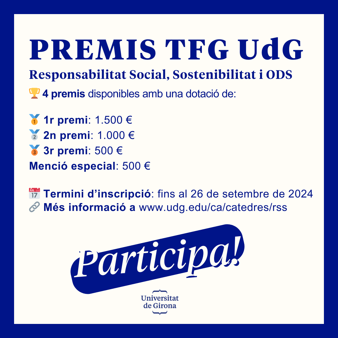 UdG Compromís Social (@udgcompromis) on Twitter photo 🎓 Premis TFG a la <a href="/univgirona/">Universitat de Girona</a>! Participa en la 3a edició dels Premis als millors #TFG de la UdG en Responsabilitat Social, Sostenibilitat i ODS de la <a href="/CatedraRSS_UdG/">Càtedra de Responsabilitat Social i Sostenibilitat</a> 💼🌱
🏆 1r premi: 1.500 €
📅 Inscripcions fins al 26/09/24
🔗 Inscriu-te ara! udg.edu/ca/catedres/rs… 🎓 Premis TFG a la <a href="/univgirona/">Universitat de Girona</a>! Participa en la 3a edició dels Premis als millors #TFG de la UdG en Responsabilitat Social, Sostenibilitat i ODS de la <a href="/CatedraRSS_UdG/">Càtedra de Responsabilitat Social i Sostenibilitat</a> 💼🌱
🏆 1r premi: 1.500 €
📅 Inscripcions fins al 26/09/24
🔗 Inscriu-te ara! udg.edu/ca/catedres/rs…