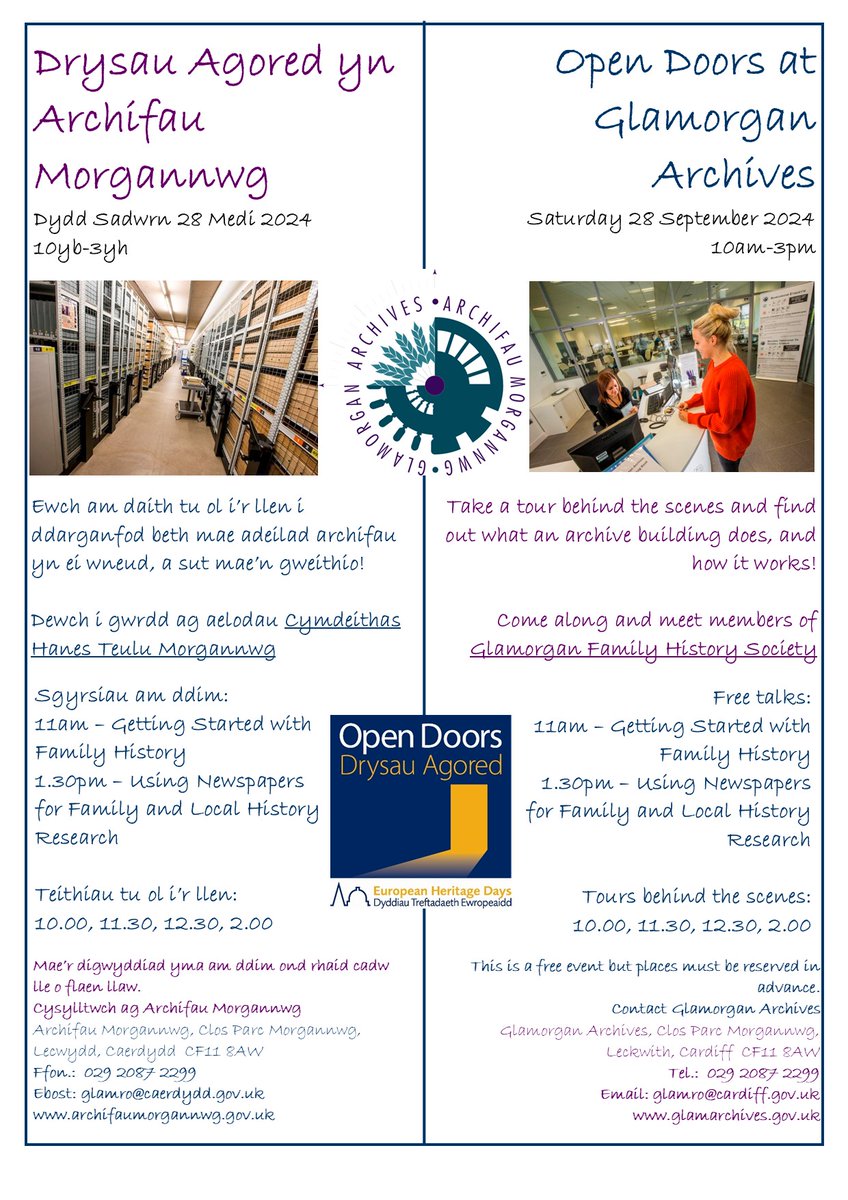 #OpenDoors at Glamorgan Archives - Saturday 28 September

Our tours behind the scenes are now fully booked! But you can still drop in to meet members of Glamorgan Family History Society and join one of their short talks.