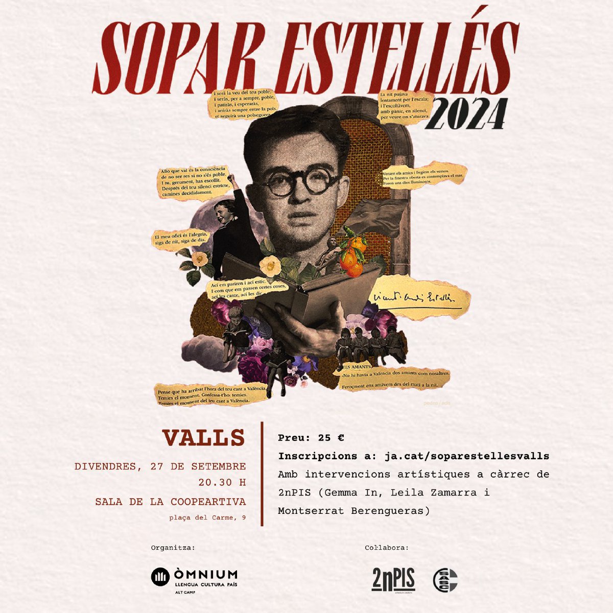OmniumAltCamp's tweet photo. 📣 SOPAR ESTELLÉS 🍽️📚 

📅 divendres, 27 de setembre 
🕣 20.30 h 
📍 Sala de la Cooperativa (Valls) 
 
👉🏽 Imprescindible fer inscripció: https://t.co/lQ7Bp7XBAX
 
💥 Comptarem amb les Artistes del 2nPIS! 
 
T'hi esperem! https://t.co/ATJet8Tfig