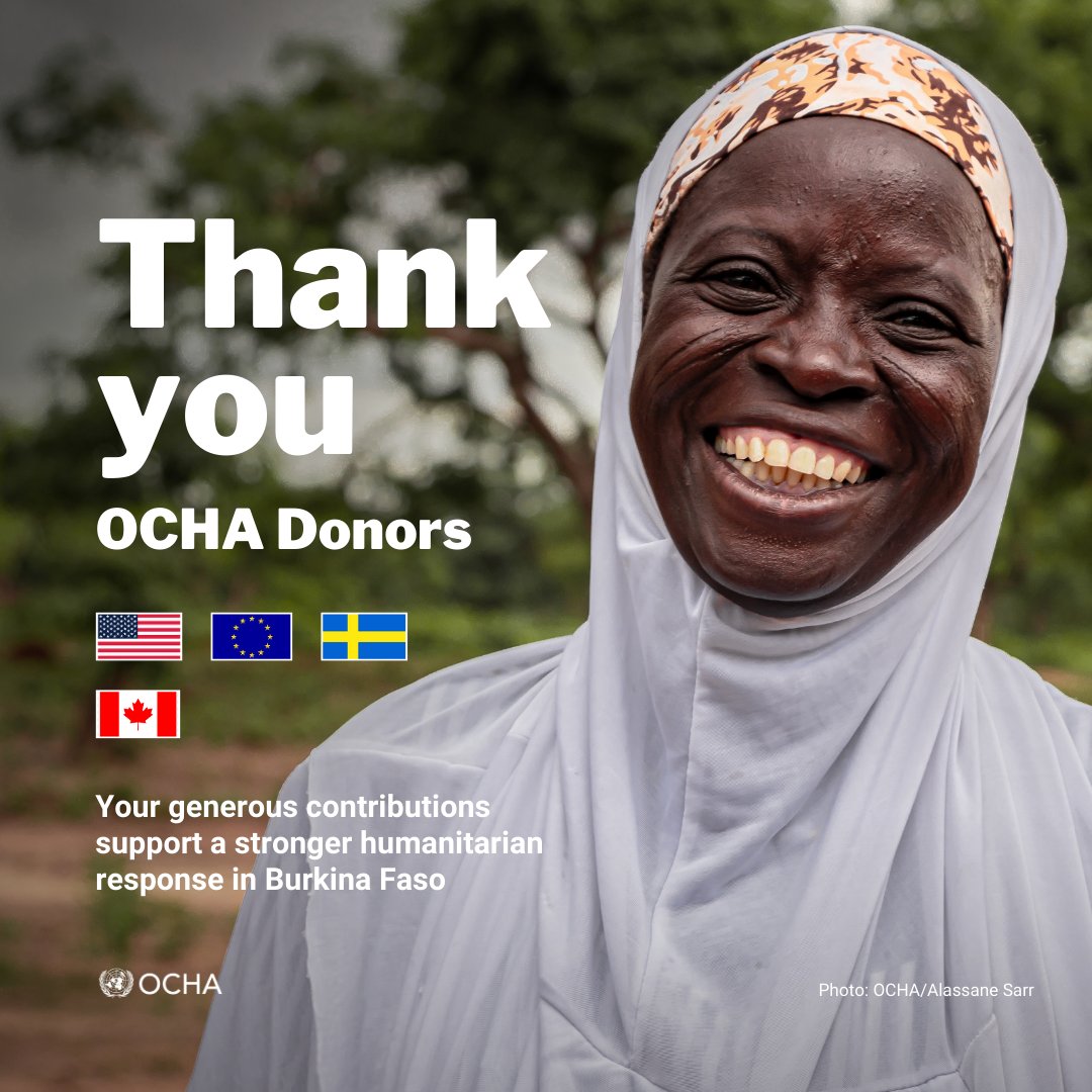 OCHABurkina's tweet photo. #OCHAthanks USA🇺🇸, ECHO🇪🇺, Sweden🇸🇪 and Canada🇨🇦, longstanding donors to OCHA Burkina.

Your support ensures a rapid, flexible and well-coordinated humanitarian response in Burkina Faso.

#InvestInHumanity https://t.co/Bdu6OlgAal
