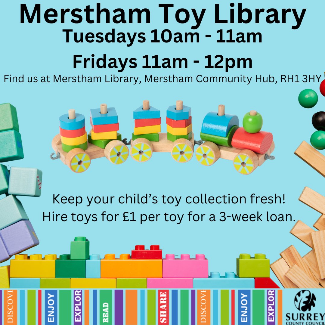 Are you looking for something new to entertain your children?
Merstham Toy Library has a variety of toys for you to try!
Tuesdays 10am-11am
Fridays 11am-12pm
It costs £1 to borrow a toy for three weeks. You must be a library member to borrow items.
<a href="/SurreyLibraries/">Surrey Libraries UK</a>