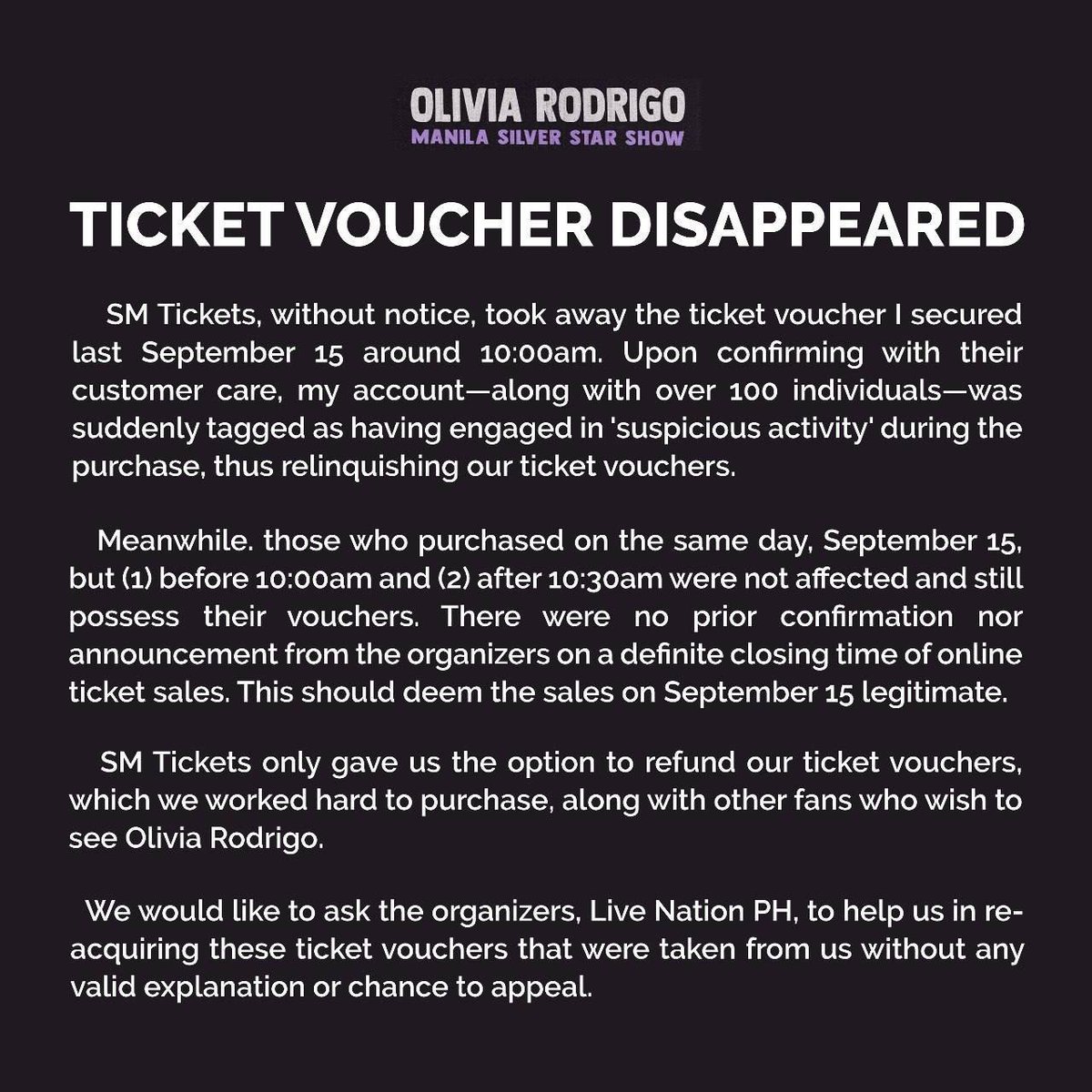 PAKIBALIK PO ANG VOUCHERS NAMIN

<a href="/smtickets/">SM Tickets</a> 
<a href="/livenationph/">Live Nation PH</a>
<a href="/philconcerts/">Philippine Concerts</a>
<a href="/itsarpee/">Rhiza Pascua</a>

#IbalikAngVouchers
#NoToRefund
#GutsTourInManila
#OliviaRodrigo