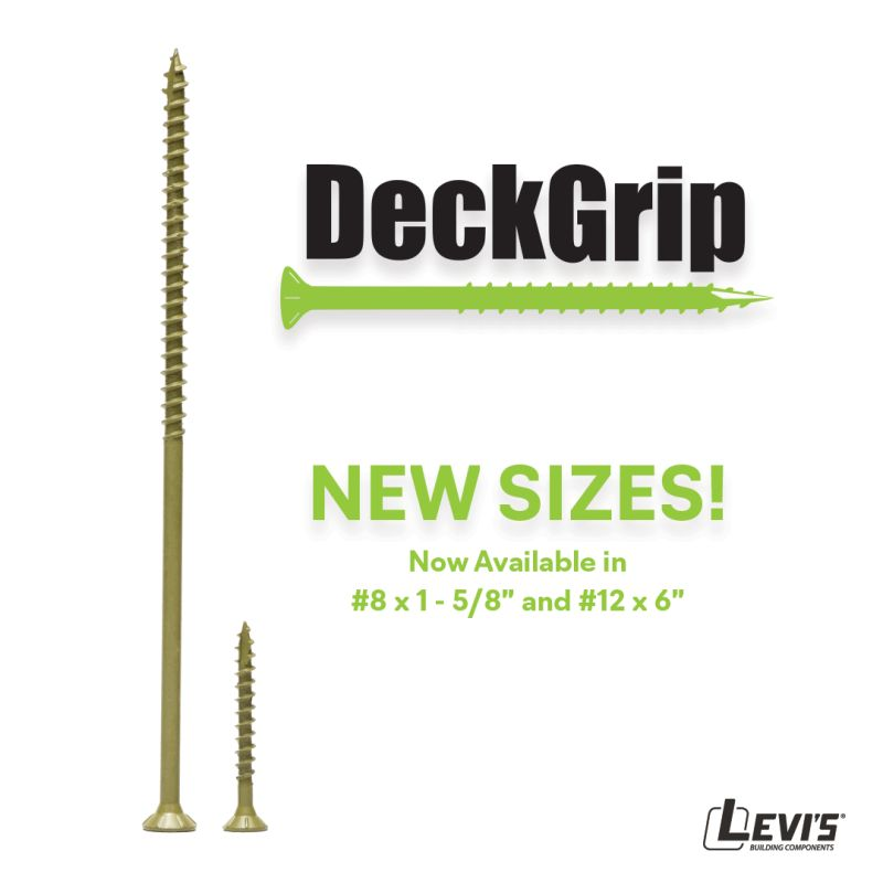 LevisBuildComp's tweet image. NEW SIZES ‼️ Levi&apos;s DeckGrip fasteners are now in #8 x 1-5/8&quot; and #12 x 6&quot;. Call our customer service team to order or learn more! 🔩📞 #Fasteners #Levis