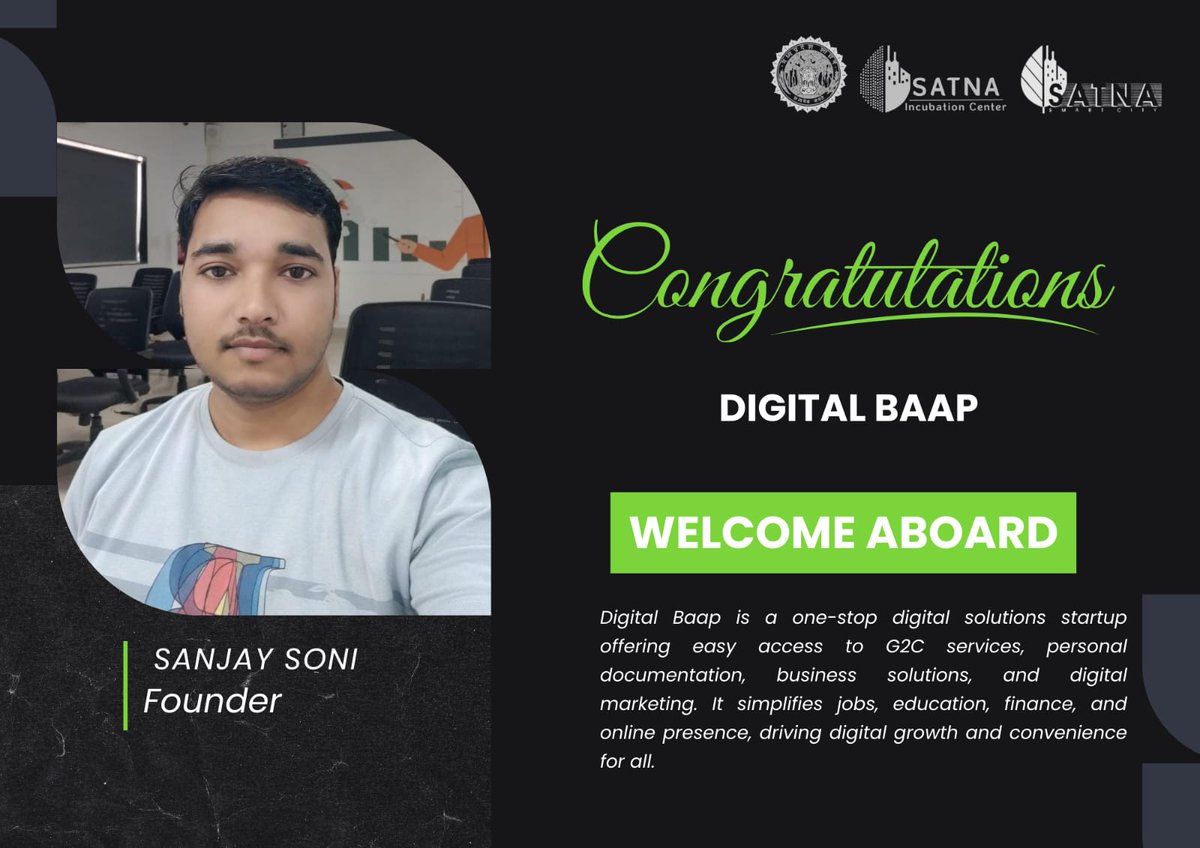 sicsatna's tweet photo. Welcome Digital Baap to the Satna Incubation Center! Your one-stop solution for G2C services, personal documentation, and digital marketing. Empowering your digital journey!
Stay tuned for updates: https://t.co/t08qDaQJrp
#DigitalBaap #SICSatna #StartupIndia https://t.co/sEvULQhzT4