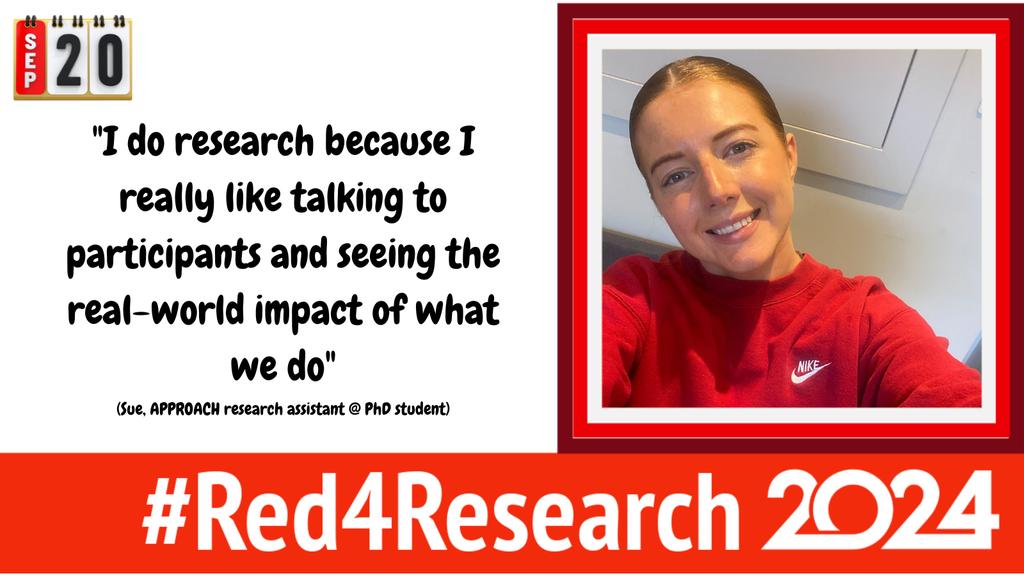 Our research assistant <a href="/suesmith121212/">Sue Smith</a> is wearing #Red4Research today too! She is integral to the <a href="/ApproachRCT/">APPROACH RCT</a> team, organising the participant assessments that will enable us to find out whether the app-based walking 🚶‍♂️🚶‍♀️intervention is effective for patients after cancer. 🤩