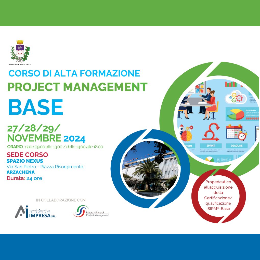 📘Corso di Project Management ad Arzachena per manager, specialisti, docenti e singoli professionisti. 
 
I contenuti formativi mirano a fornire l'adeguata preparazione per ottenere la certificazione ISIPM®-BASE. Docenti accreditati ISIPM®.  
➡️ Info su: bit.ly/4djtxNM