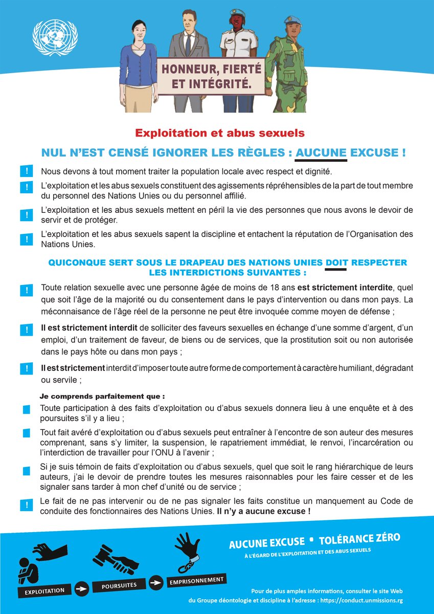 « Chaque personne a droit à un traitement digne et respectueux ». ❗️
Signalez tout soupçon d'abus ou d'exploitation sexuelle. Face à l’exploitation et aux abus sexuels, aucune excuse ne sera tolérée. ❌

Protégeons chaque individu contre toute forme de violence.💪
#UReportBenin