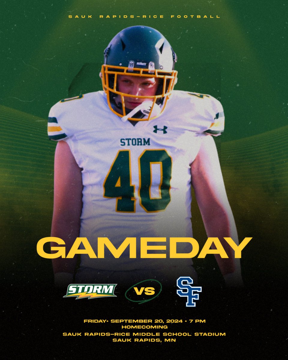 Get up, it's Homecoming! Tonight your Sauk Rapids-Rice Storm play host to the St. Francis Fighting Saints. 

🕖:  7:00 PM
📍: Sauk Rapids-Rice MS
🎥: storm.isd47.org/find-it-fast/w…
📻: AM 1390/FM 93.9

#ToughKids #GoodH2O #SchoolBusFootball
