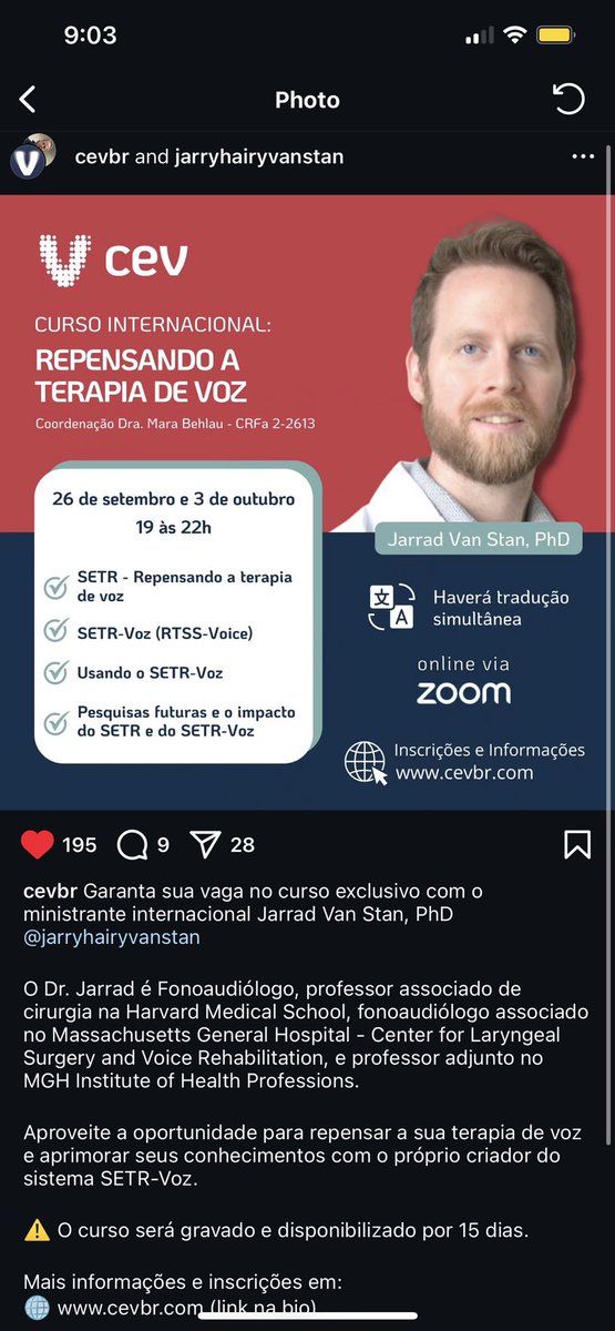 Jarrad Van Stan (@drvanvoiceman) on Twitter photo In the next two weeks, I will talk about the Rehabilitation Treatment Specification System and Voice Therapy for 6 entertaining hours! Two 3 hour talks on 9/26 and 10/3 from 6-9pm.
Sign up at cevbr.com.
<a href="/mbehlau/">Mara Behlau</a> <a href="/ACRMRTS/">ACRM Rehabilitation Treatment Specification NG</a> <a href="/MGHVoiceCenter/">MGH Voice Center</a> <a href="/MGHInstitute/">MGH Institute</a> In the next two weeks, I will talk about the Rehabilitation Treatment Specification System and Voice Therapy for 6 entertaining hours! Two 3 hour talks on 9/26 and 10/3 from 6-9pm.
Sign up at cevbr.com.
<a href="/mbehlau/">Mara Behlau</a> <a href="/ACRMRTS/">ACRM Rehabilitation Treatment Specification NG</a> <a href="/MGHVoiceCenter/">MGH Voice Center</a> <a href="/MGHInstitute/">MGH Institute</a>