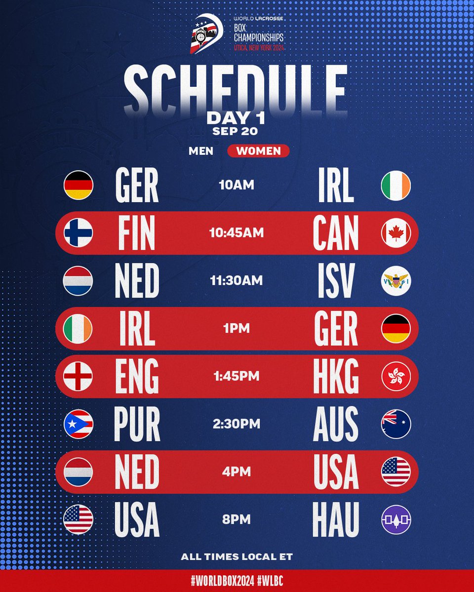 Two historic championships begin 🏆🏆

Wall-to-wall international box lacrosse action is coming at you all day from Utica, New York 🥍

Watch live on WL TV ➡️ tv.worldlacrosse.sport

#WorldBox2024 x #WLBC
