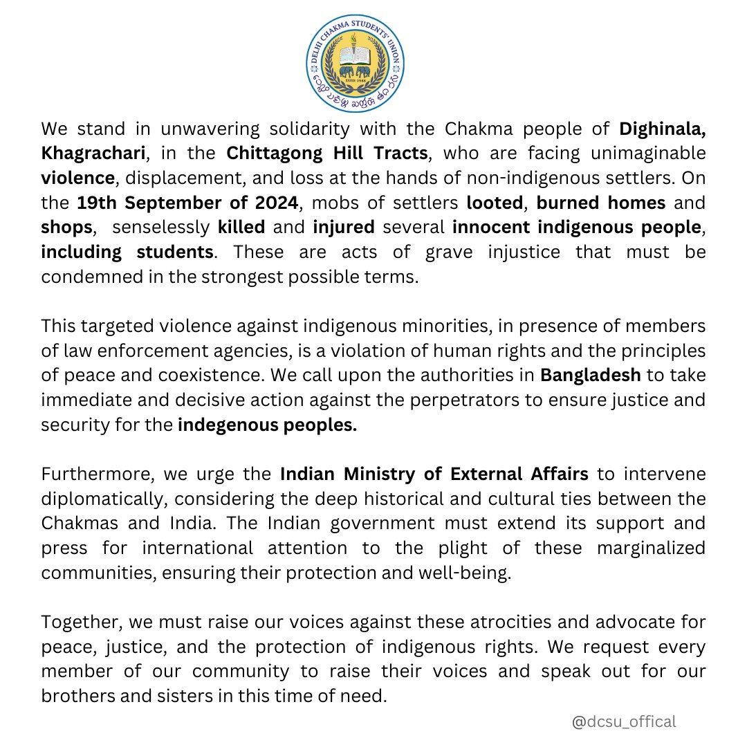 DCSUDelhi's tweet photo. @PMOIndia 
@UN
#MinistryofExternalAffairs #SaveCHT #SaveChittagongHillTracts #BangladeshiHindus #BangladeshBuddhists https://t.co/o174xmWEbV