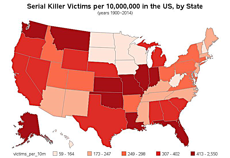 TerribleMaps's tweet photo. Serial Killer Victims per 10 Million People Across U.S. States https://t.co/Ufb9lBkGgf