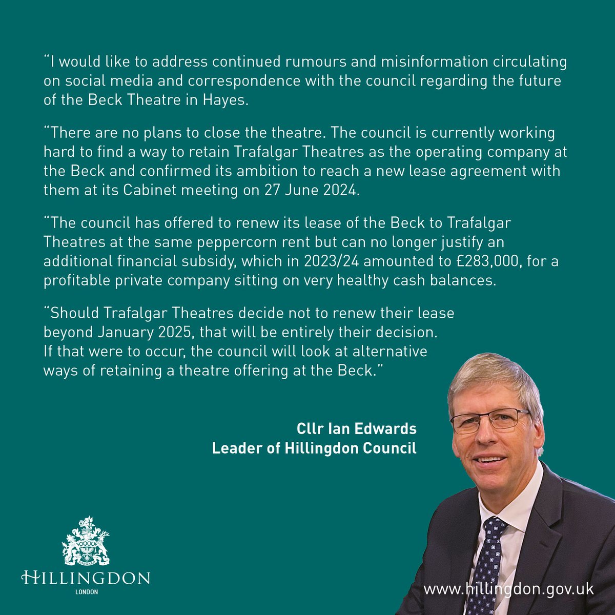 Hillingdon's tweet photo. An update from the Leader of the Council regarding the Beck Theatre. https://t.co/VthlGTTL7t