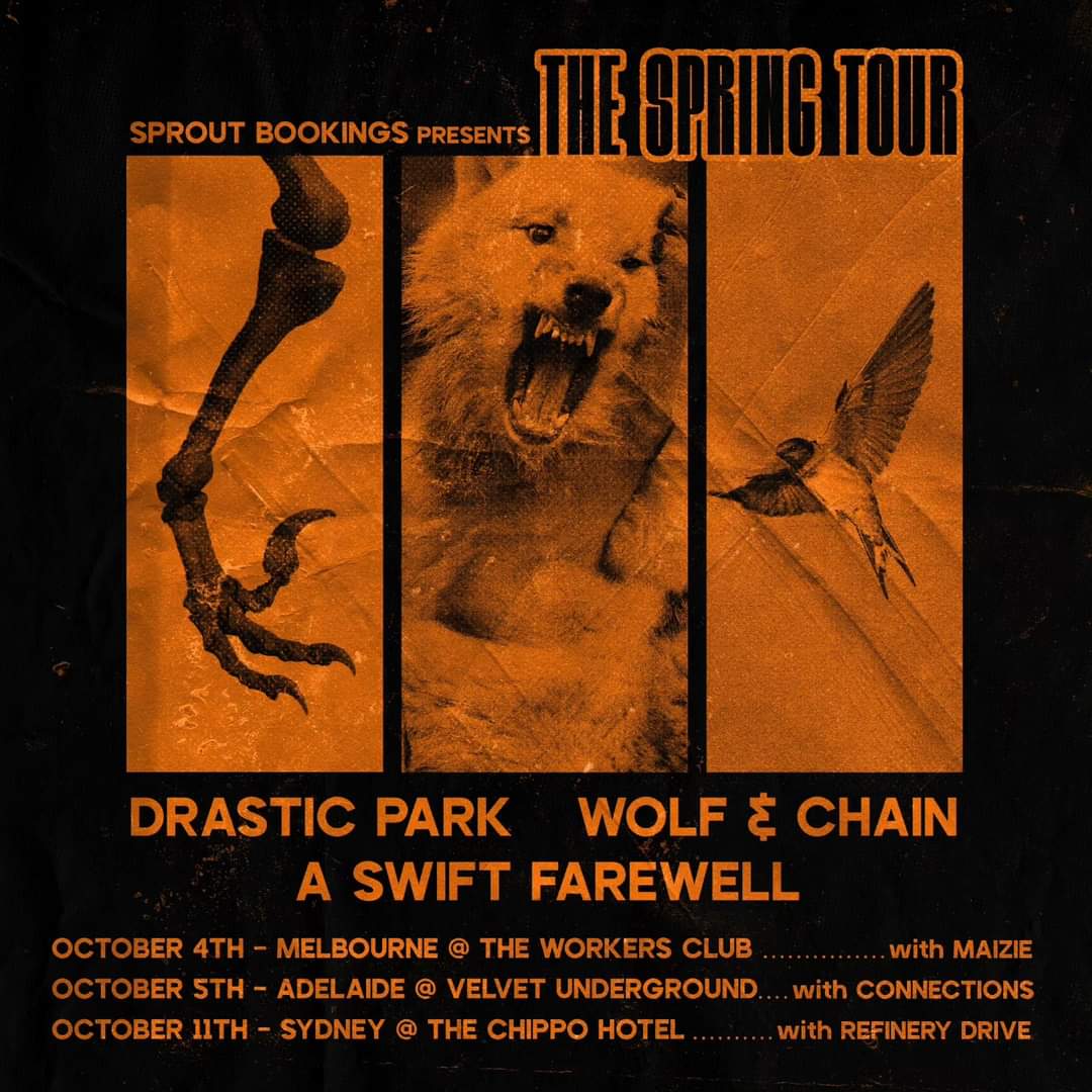 Drastic Park (@drasticparkband) on Twitter photo Today marks one whole year since we dropped COMPOUND FRACTURE (produced by Alan Day and Declan White)
Come and celebrate its release with us in Melbourne, Adelaide and Sydney with <a href="/WolfandChainAU/">Wolf & Chain</a> and <a href="/SwiftFarewellAU/">A Swift Farewell</a>
Get your tickets here: linktr.ee/drasticpark Today marks one whole year since we dropped COMPOUND FRACTURE (produced by Alan Day and Declan White)
Come and celebrate its release with us in Melbourne, Adelaide and Sydney with <a href="/WolfandChainAU/">Wolf & Chain</a> and <a href="/SwiftFarewellAU/">A Swift Farewell</a>
Get your tickets here: linktr.ee/drasticpark