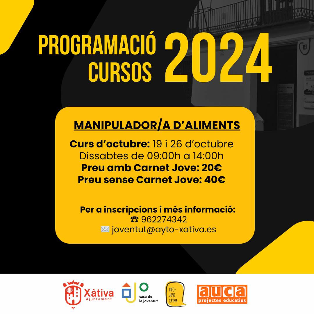 📝CURS MANIPULADOR/A ALIMENTS

🗓️19 i 26 d'octubre
🕑De 9 a 14 hores
💶20€ carnet jove (40€ resta)
📍Casa de la Joventut
📄Formulari d'inscripció: tinyurl.com/6tv9nawa

➕info:
📞96 227 43 42
✉️joventut@ayto-xativa.es 
🏡Casa de la Joventut