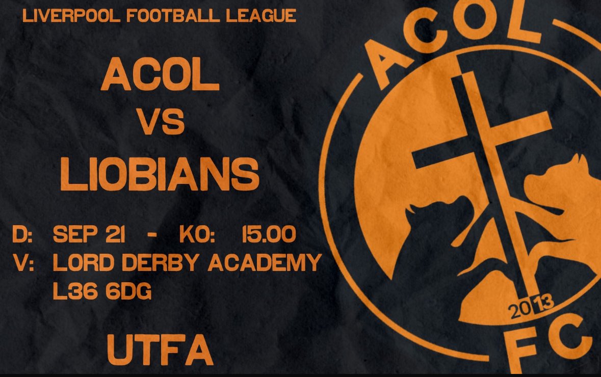 ACOL FC (@fc_acol) on Twitter photo First game of the season back at home tomorrow as we look to continue our strong start to the season against <a href="/LiobiansFC/">Liobians FC</a> .
π Liobians
β±οΈ 3PM K.O
ποΈ Lord Derby Academy
π Liverpool Football League
π β«οΈ UTFA β«οΈπ First game of the season back at home tomorrow as we look to continue our strong start to the season against <a href="/LiobiansFC/">Liobians FC</a> .
π Liobians
β±οΈ 3PM K.O
ποΈ Lord Derby Academy
π Liverpool Football League
π β«οΈ UTFA β«οΈπ