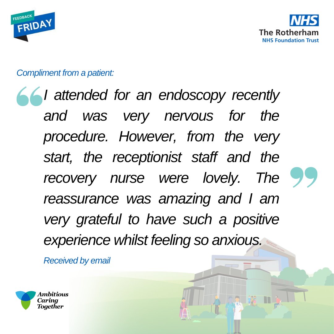 Our Endoscopy team have been praised for being reassuring and kind. We love to hear this! Thank you for your feedback. #TRFT #FeedbackFriday