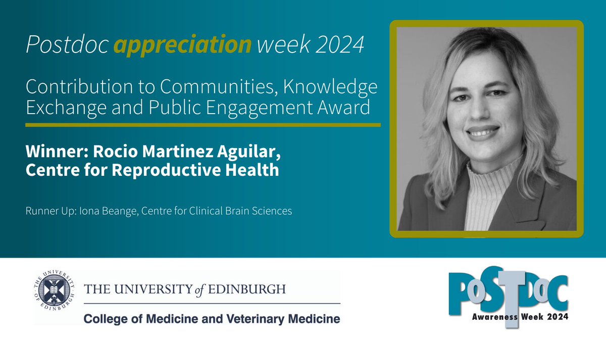 cmvm_research's tweet photo. Congratulations to Rocio Martinez Aguilar @EdinUni_IRR for winning the award for Contribution to Communities, Knowledge Exchange and Public Engagement🎉and well done to runner up Iona Beange @EdinUniBrainSci https://t.co/PCwJ0l8ZiH