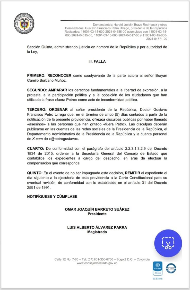 SuVersionY's tweet image. #Atención | El Consejo de Estado ha ordenado al presidente @petrogustavo ofrecer disculpas públicas tras haber calificado de "asesinos" a las personas que han gritado "fuera Petro" en diversos lugares.