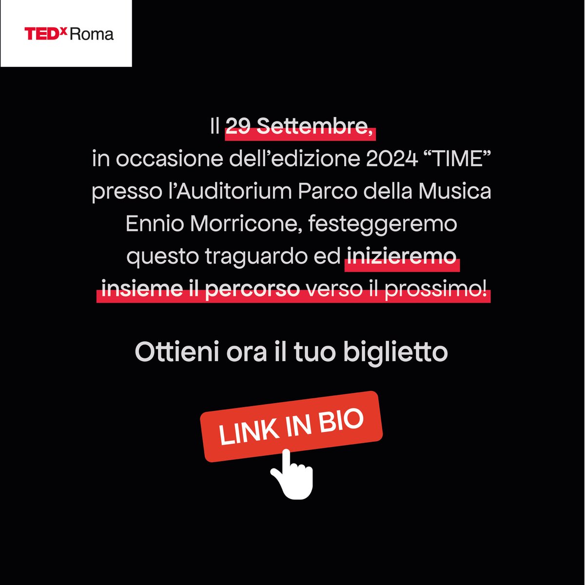 ❌Per l’impegno dimostrato nella creazione di eventi di rilievo per la comunità, TEDxRoma viene nominato LEGACY, come esempio di resilienza ed innovazione.

🎟️ Ci vediamo il 29 Settembre per festeggiare insieme questo traguardo!

Ottieni il tuo biglietto ➡️rb.gy/z801iz