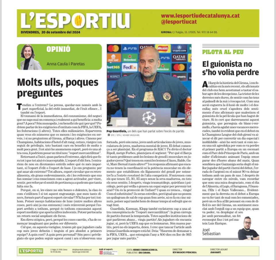 Article d’opinió | <a href="/lesportiuCAT/">L'Esportiu de Catalunya</a> 

😼 “Molts ulls, poques preguntes”

Esport 🆚 esport mercantilitzat.