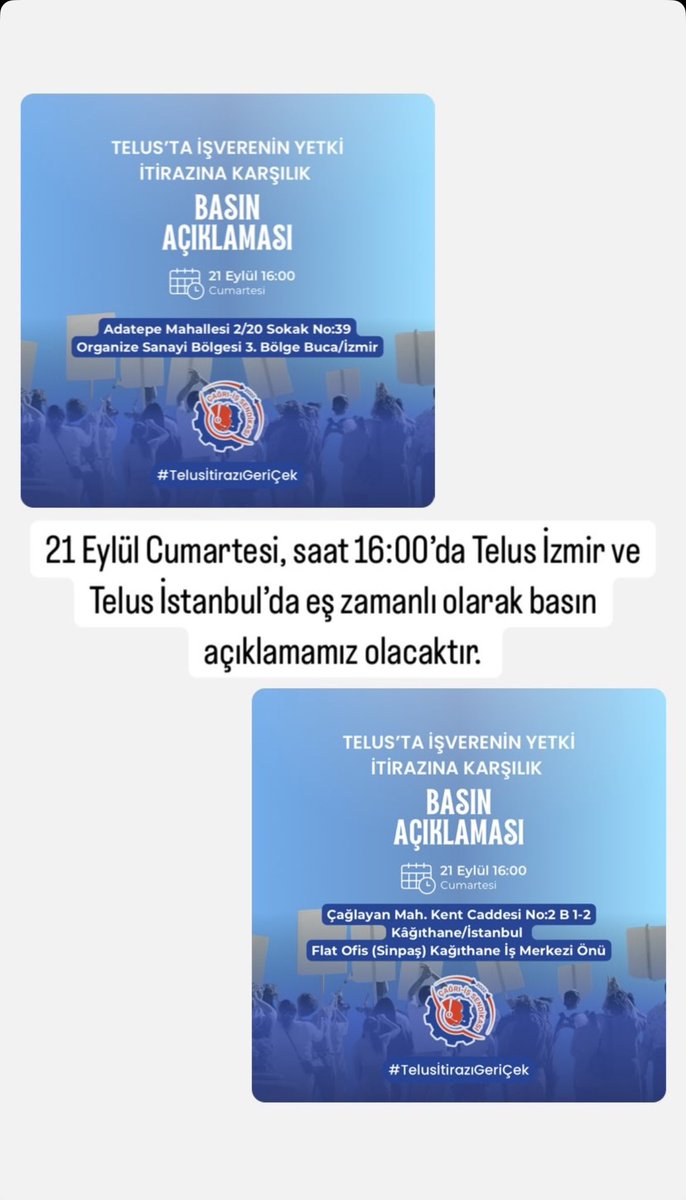 TelusEmekcileri's tweet photo. Yarın, örgütlü olduğumuz sendikamız Çağrı İş Sendikası, İstanbul ve İzmir lokasyonlarındaki iş yerlerimiz önünde, eş zamanlı basın açıklaması yapacak.

Bütün basını ve işçi dostu olan herkesi bekleriz 📢 https://t.co/rMCPOn1c2d