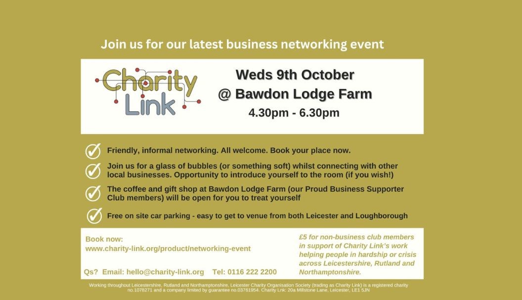 Charitylink's tweet photo. Our next networking event for members of the local business community will be hosted at Bawdon Lodge Farm on Weds 9th October.  We'd love to see you there. Book your place:  https://t.co/TthJ6sVUzA  #leicesternetworking https://t.co/ARZNknTHQ8