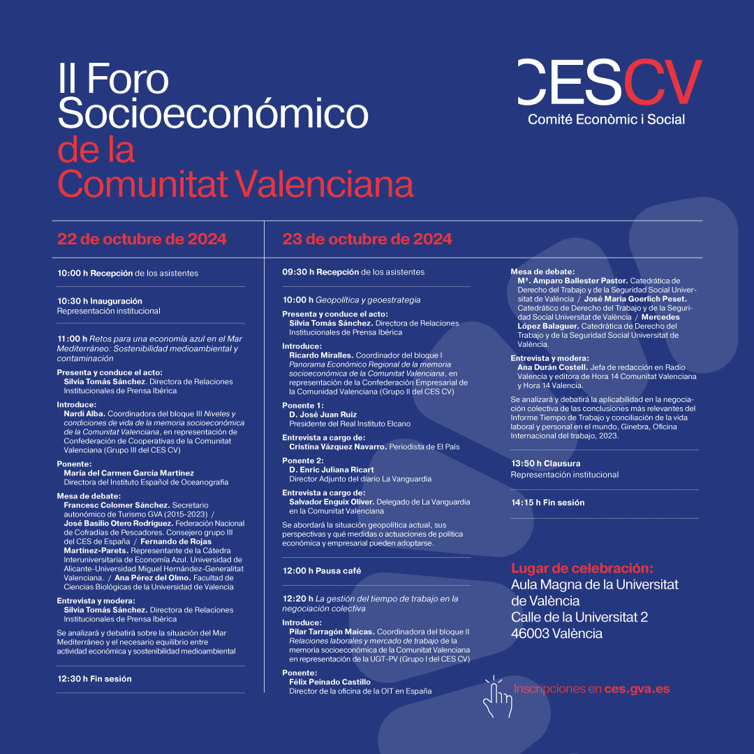 Os presentamos el programa del II Foro Socioeconómico de la Comunitat Valenciana. 

🔵Retos para una economía azul en el Mar Mediterráneo
🔵Geopolítica y geoestrategia
🔵La gestión del tiempo de trabajo en la negociación colectiva

🗓️ 22 y 23 de octubre

➡️bit.ly/Asistencia_Foro